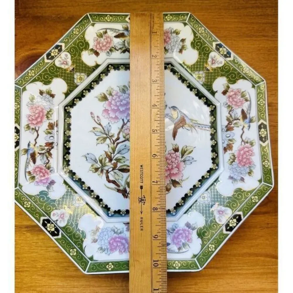 Vintage Octagon‎ Green Dinner Plate Peonies Bird AA Importing Co Made In Japan